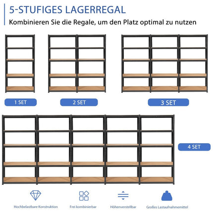 5patrový úložný regál s kovovým rámem, kovový regál, nosnost až 650 kg, 75 x 30 x 150 cm, černá