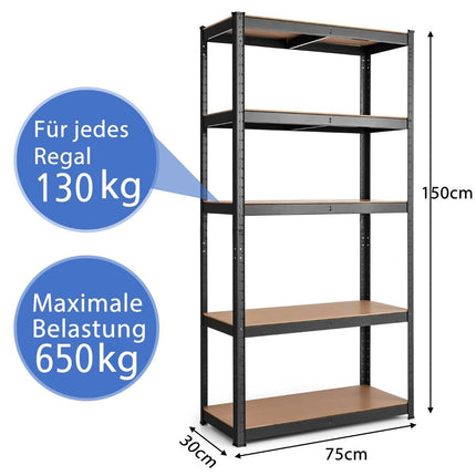 5patrový úložný regál s kovovým rámem, kovový regál, nosnost až 650 kg, 75 x 30 x 150 cm, černá