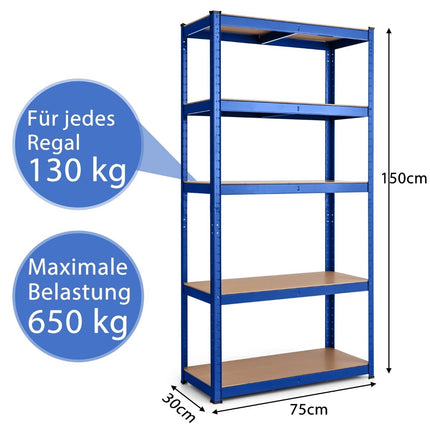 5patrový úložný regál s kovovým rámem, kovový regál, nosnost až 650 kg, 75 x 30 x 150 cm, modrá