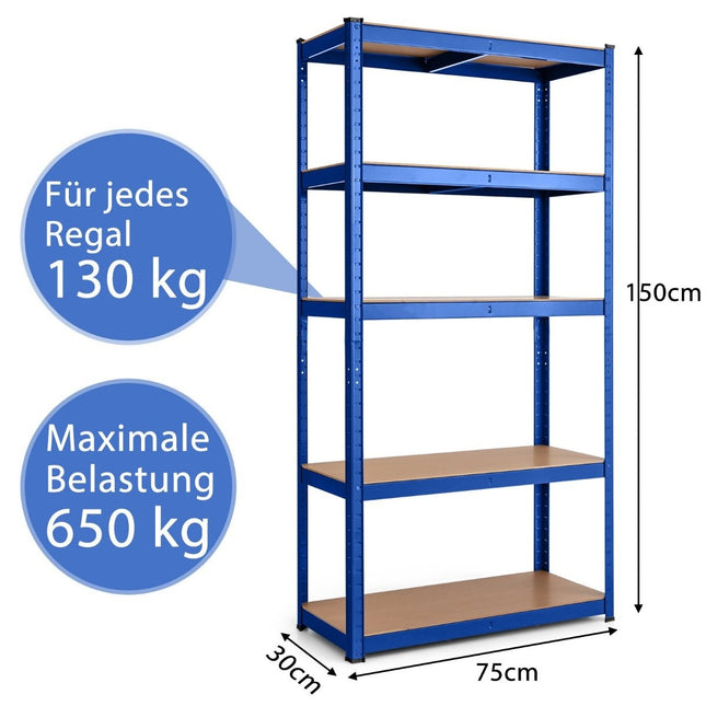 5patrový úložný regál s kovovým rámem, kovový regál, nosnost až 650 kg, 75 x 30 x 150 cm, modrá