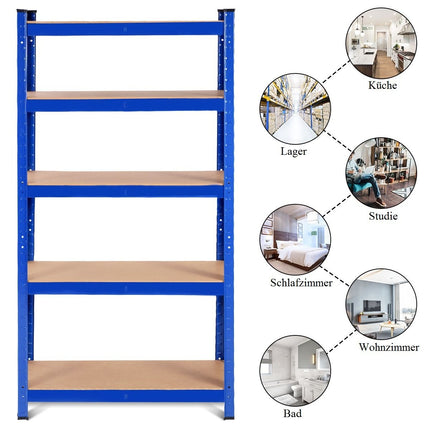5patrový úložný regál s kovovým rámem, kovový regál, nosnost až 650 kg, 75 x 30 x 150 cm, modrá