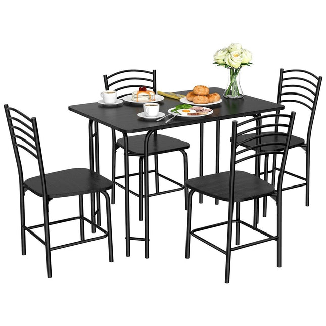 Eettafelset 5-delig rechthoekige keukentafel met 4 stoelen eettafel metalen frame zitgroep eetkamertafel 4 personen ruimtebesparend zwart