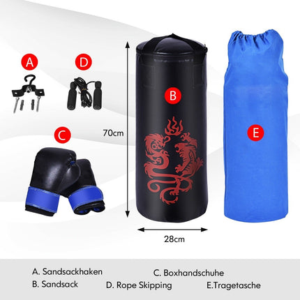 Boxovací sada 5 dílů pro děti s boxovacím pytlem, rukavicemi, švihadlem, taškou, stropním hákem, závěsné boxerské vybavení, černá