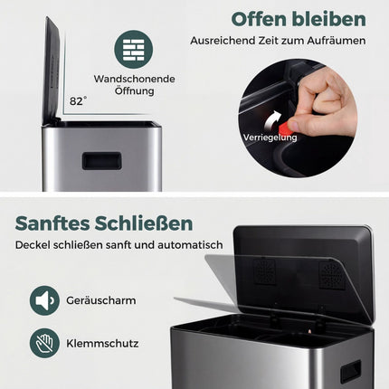 Nerezový pedálový koš 60L se soft-close víkem a dvěma komorami