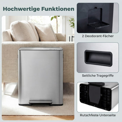 Nerezový pedálový koš 60L se soft-close víkem a dvěma komorami