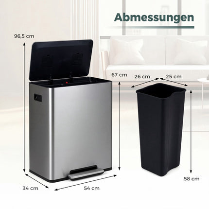 Nerezový pedálový koš 60L se soft-close víkem a dvěma komorami
