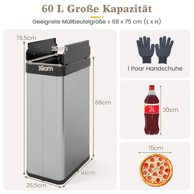 Nerezový odpadkový koš 60L s pohybovým senzorem
