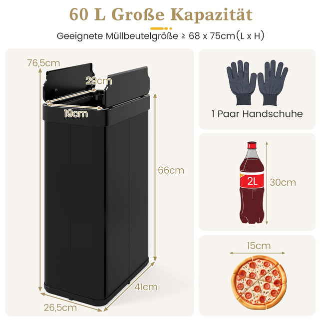 Bezdotykový senzorový odpadkový koš 60L, nerez, černá