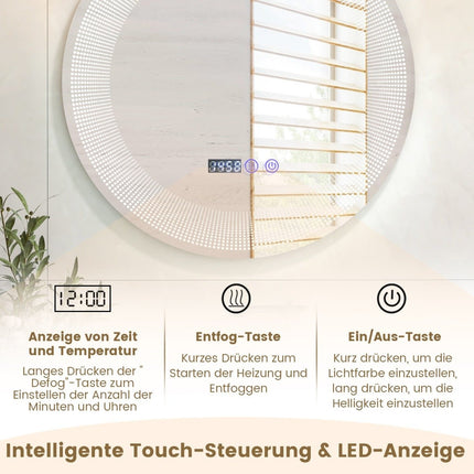 Ø 60 cm LED Badezimmerspiegel mit 3-Farben-Lichtern &amp; Touch-Schalter Kosmetikspiegel