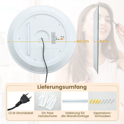 Ø 60 cm LED Badezimmerspiegel mit 3-Farben-Lichtern &amp; Touch-Schalter Kosmetikspiegel