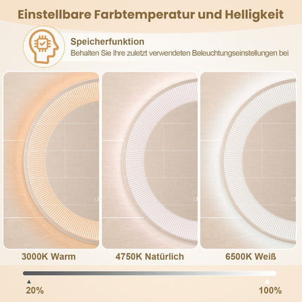 Ø 60 cm LED Badezimmerspiegel mit 3-Farben-Lichtern &amp; Touch-Schalter Kosmetikspiegel