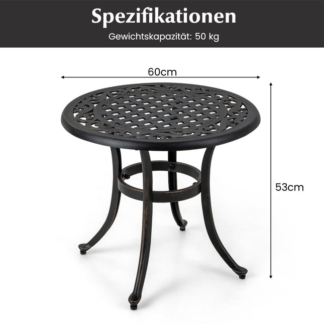 Ronde terrastafel van 60 cm, gemaakt van gegoten aluminium, met verstelbare poten.