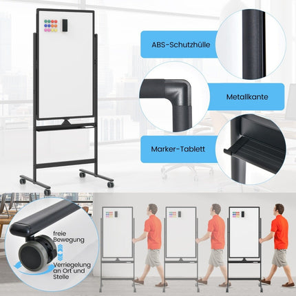 60 x 100 cm Double-Sided Magnetic Whiteboard with Wheels & Stand & Pen Tray Black