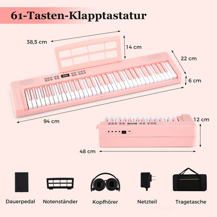 Skládací elektronické klávesy s 61 klávesami a MIDI, růžová