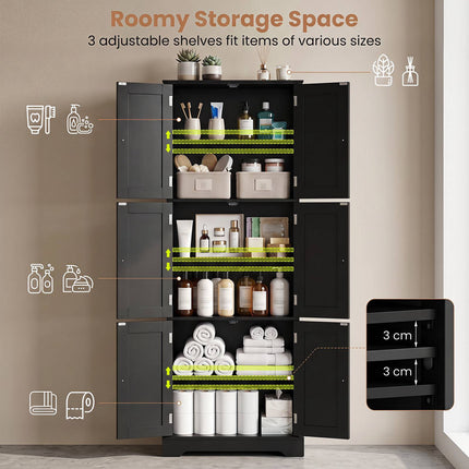 63" Tall Bathroom Storage Cabinet, Black, Adjustable Shelves