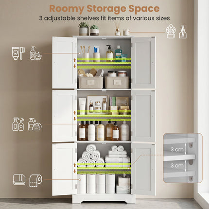 63" Tall Bathroom Storage Cabinet, White, 6 Doors