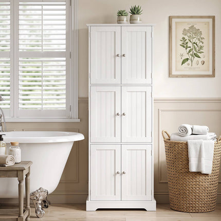 63" Tall Bathroom Storage Cabinet, White, 6 Doors