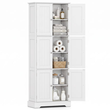 63" Tall Bathroom Storage Cabinet, White, 6 Doors