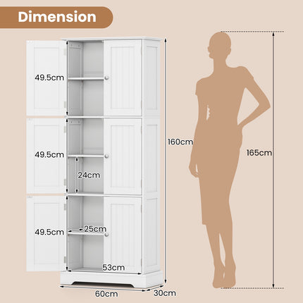63" Tall Bathroom Storage Cabinet, White, 6 Doors