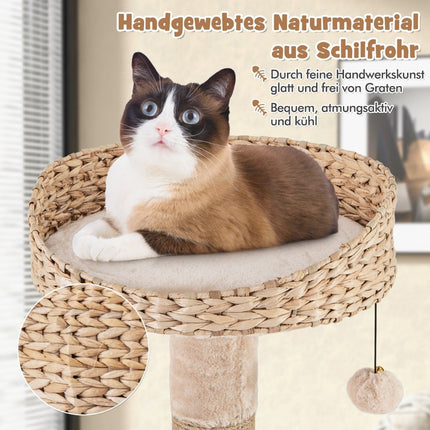 64" Scratching Post with Perch & Cattail Basket Bed 6 Tier Climbing Tree Cat Tree