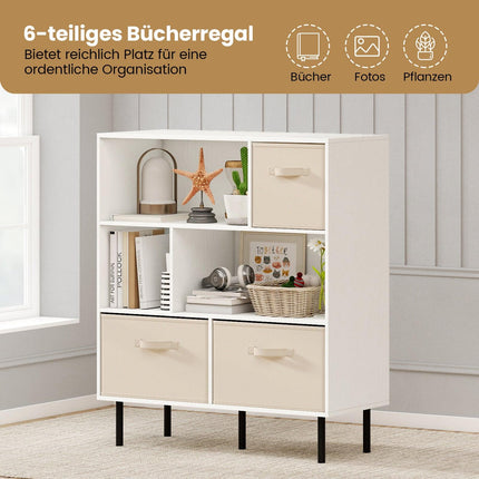 Regál se 6 přihrádkami a 3 vyjímatelnými látkovými boxy, bílá