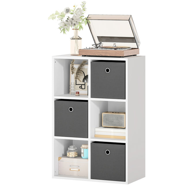 Úložný regál se 6 přihrádkami a 3 látkovými boxy, šedá