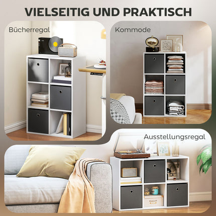Úložný regál se 6 přihrádkami a 3 látkovými boxy, šedá