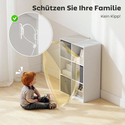Úložný regál se 6 přihrádkami a 3 látkovými boxy, šedá