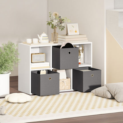 Úložný regál se 6 přihrádkami a 3 látkovými boxy, šedá