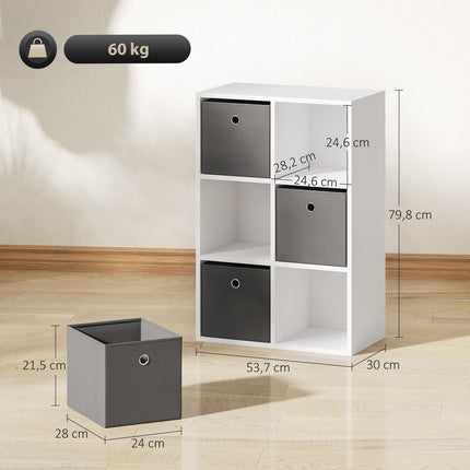 Úložný regál se 6 přihrádkami a 3 látkovými boxy, šedá