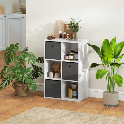 Úložný regál se 6 přihrádkami a 3 látkovými boxy, šedá