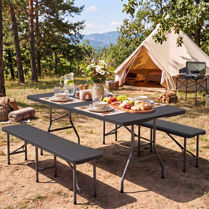 6 FT Foldable Camping Table, Black HDPE, Metal Legs