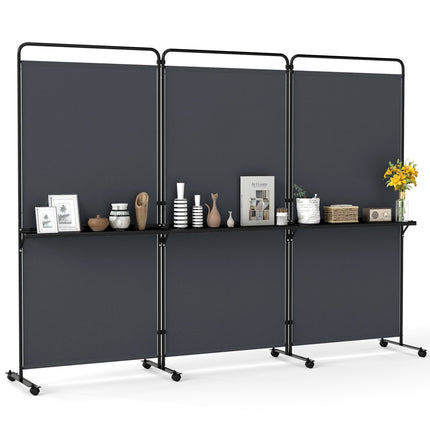 6 Ft Folding Room Divider with Shelves and Wheels - Grey