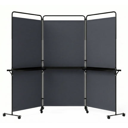 6 Ft Folding Room Divider with Shelves and Wheels - Grey