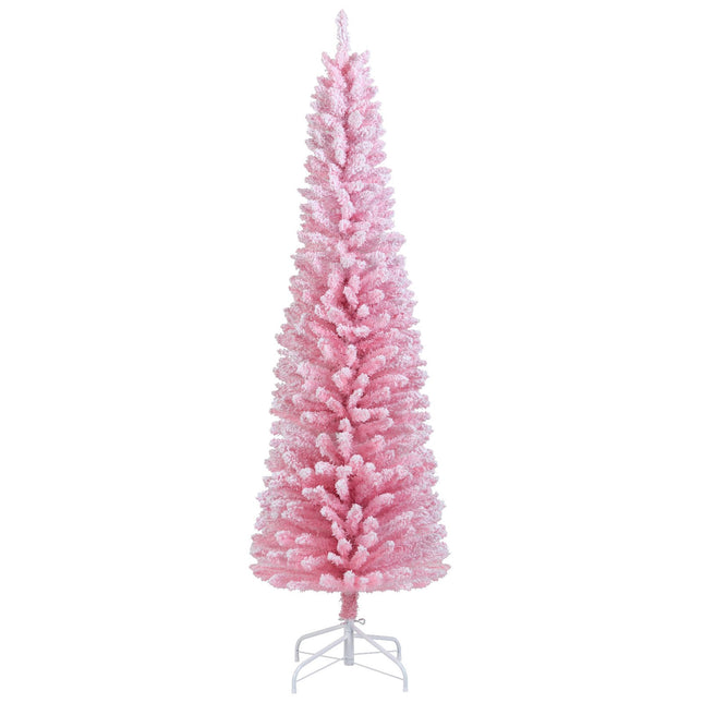 1,80 m rosa beflockter Bleistift-Weihnachtsbaum, 460 Spitzen, Metallständer
