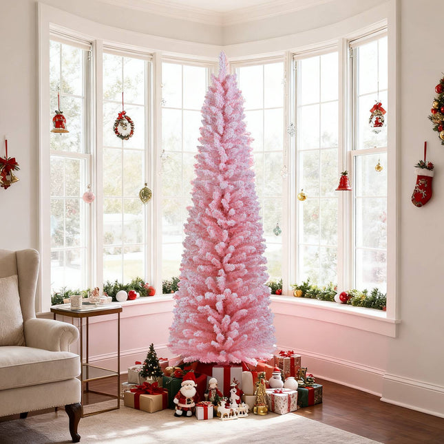 1,80 m rosa beflockter Bleistift-Weihnachtsbaum, 460 Spitzen, Metallständer