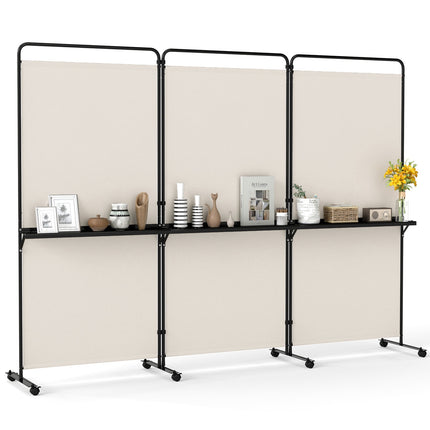 6 Ft White Room Divider with Shelves & Lockable Wheels