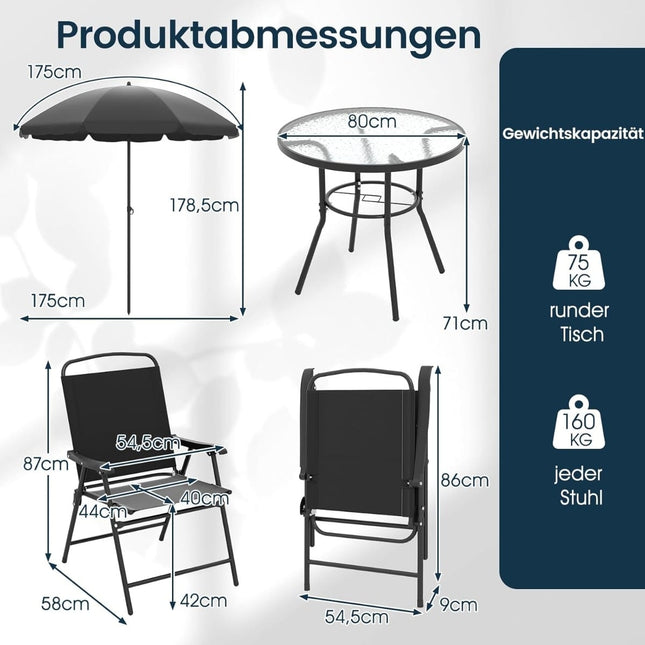 6-delige tuinset met parasol en klapstoelen
