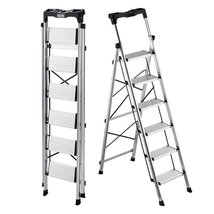 6-Step Folding Aluminum Ladder, 150 kg, Tool Tray