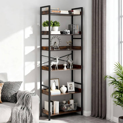 6-Tier Industrial Ladder Bookshelf, Metal Frame, Brown