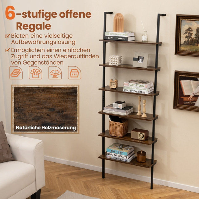 Leiterregal mit 6 Ebenen, Wandmontage, Bücherregal mit Metallrahmen, rustikales Braun