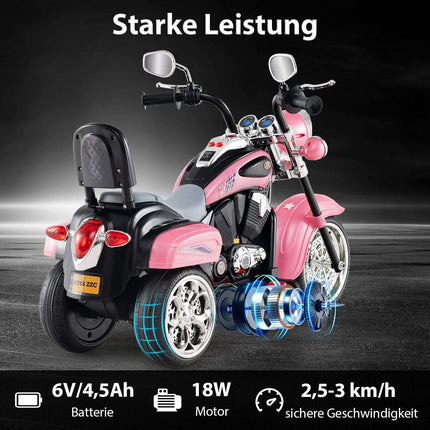 Dětská elektrická motorka 6V, růžová, nastavitelná světla a zvuk