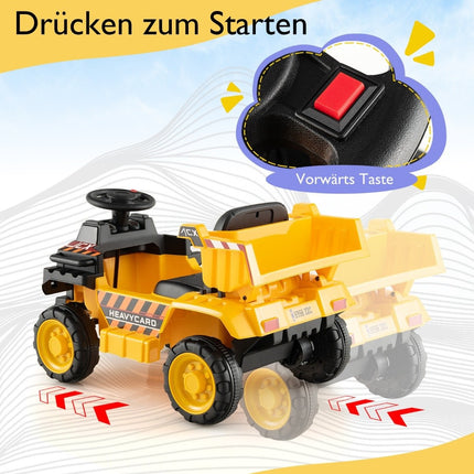 6V children's dump truck with protective helmet up to 2.5km/h for children from 18 months yellow