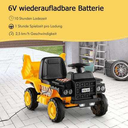 6V children's dump truck with protective helmet up to 2.5km/h for children from 18 months yellow
