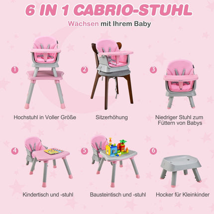 Dětská jídelní židlička 6 v 1, jídelní židle, učicí stůl a stolek na kostky, 58 x 58 x 98 cm, růžová