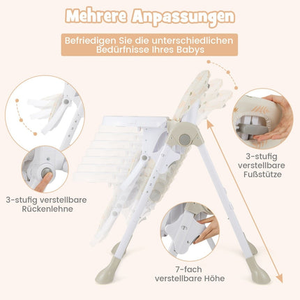 6 in 1 Convertible Baby High Chair with Reclining Functions &amp; Double Tray Folding High Chair Beige