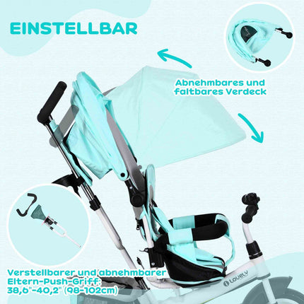 6-in-1 tricycle for children, pushbar and sunshade, green