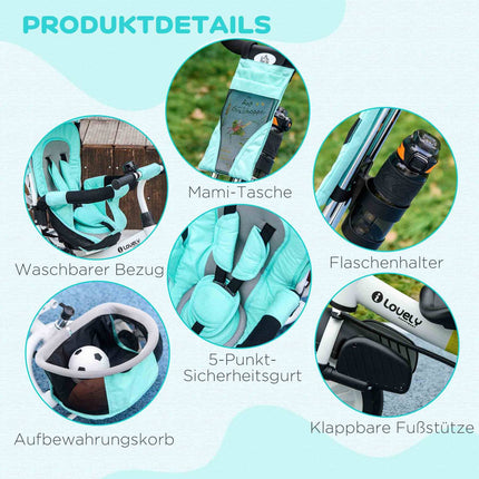 6-in-1 tricycle for children, pushbar and sunshade, green