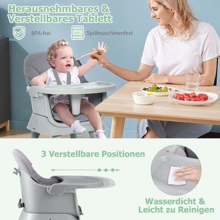 Dětská jídelní židlička 6 v 1, jídelní židle, učicí stůl, stolek na kostky a dětský sedací set, šedá