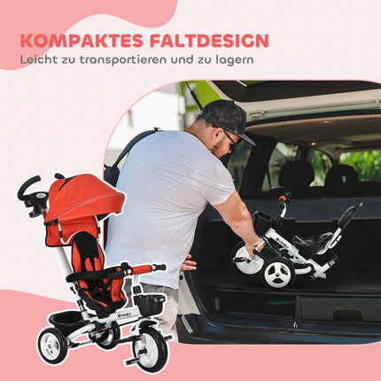 Dětská tříkolka s vodicí tyčí a stříškou, od 18 měsíců, červená